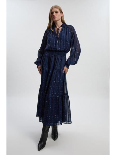 Karen Millen Print Shirred Detail Dobby High Neck Woven Maxi Dress