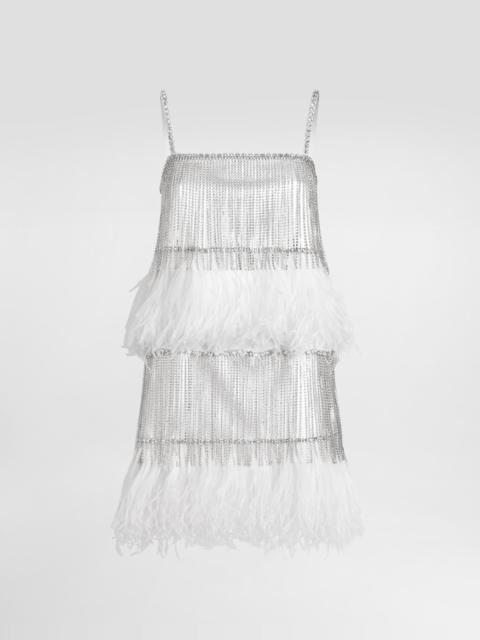 Satin dress with feathers