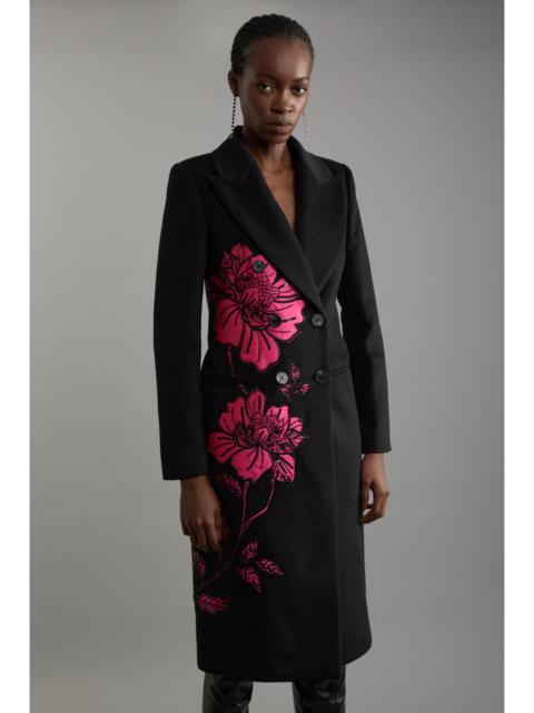 Wool Blend Satin Applique Embellished Double Breasted Tailored Midi Coat
