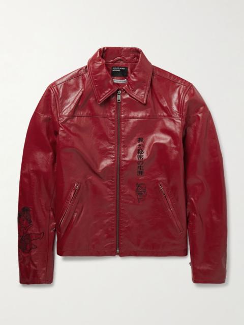 The Bully Distressed Embroidered Tumbled-Leather Jacket Red
