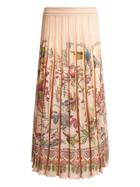 pleated flora fauna-print midi skirt
