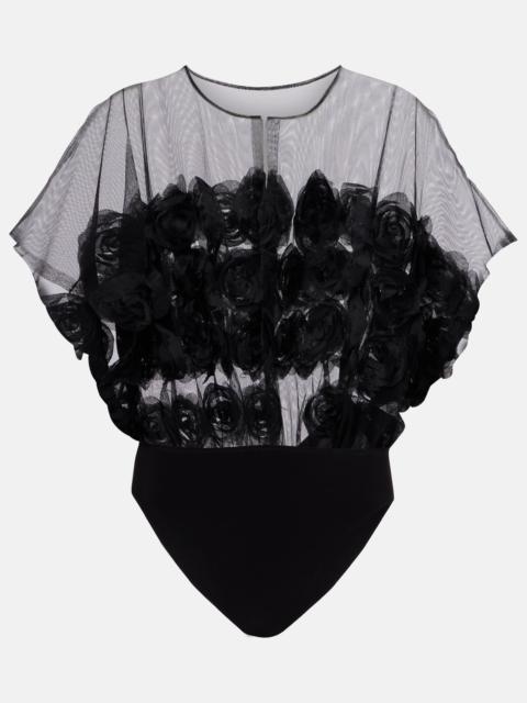 Floral-appliqué semi-sheer bodysuit