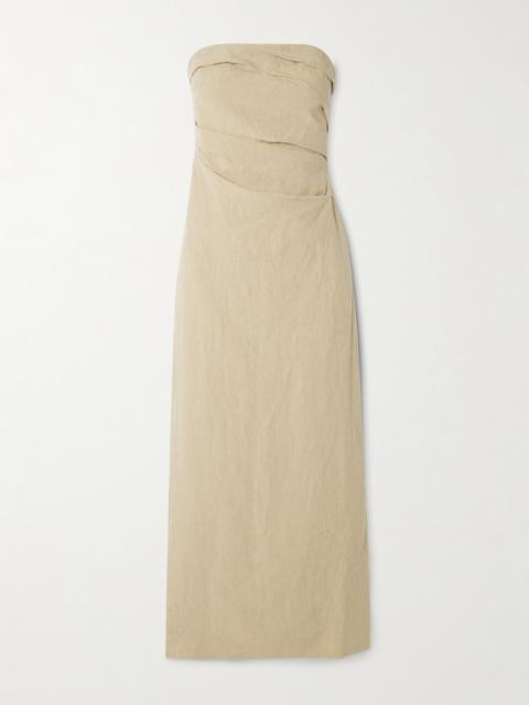 Sabella Strapless Gathered Linen Midi Dress