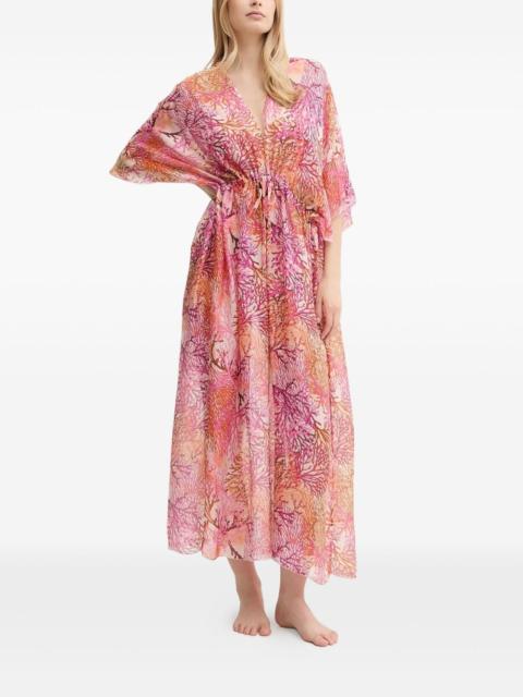 coral-print drawstring kaftan