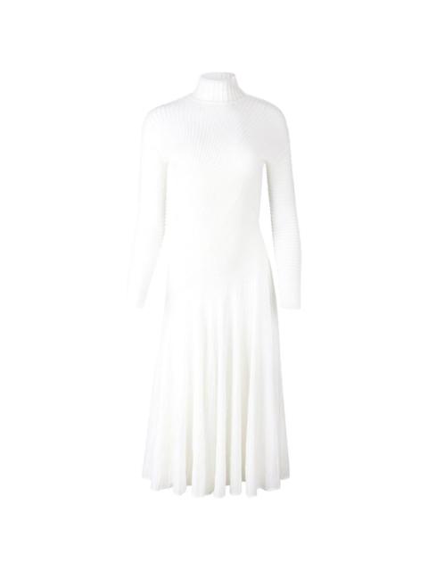 pleated turtleneck midi dress