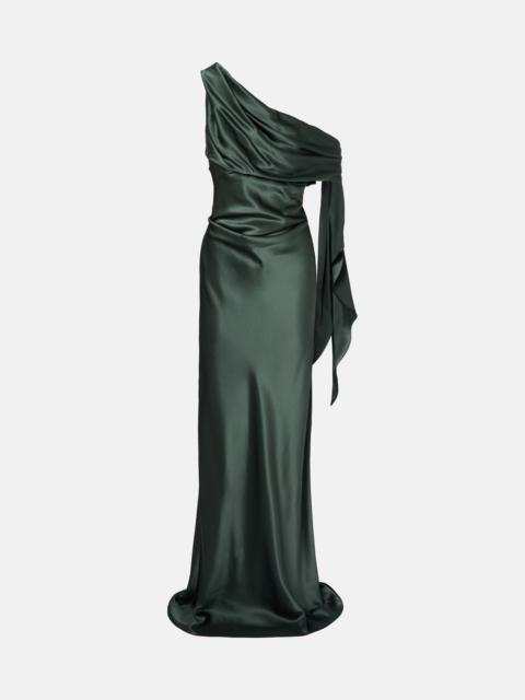 Draped asymmetric silk satin gown