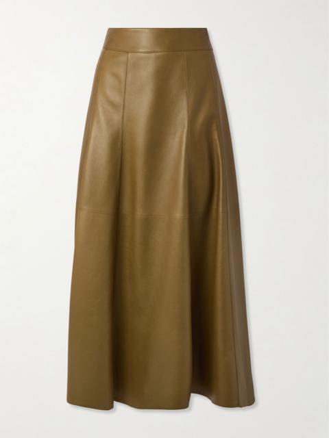 Paneled pleated leather midi skirt Green