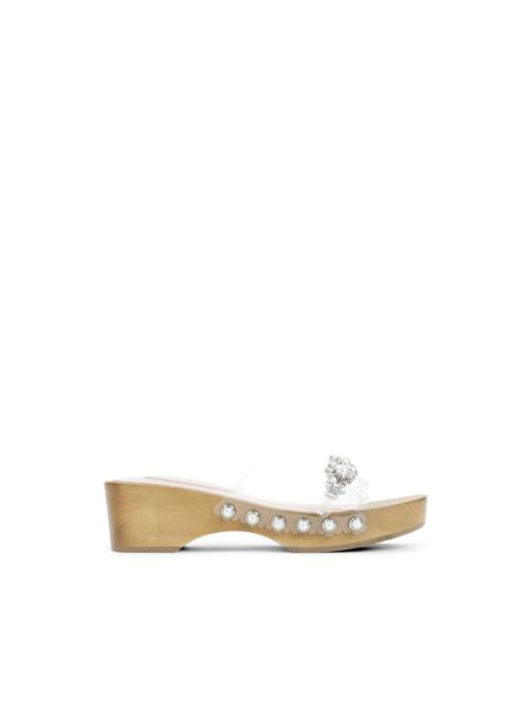 embellished scalloped wooden clog sandals