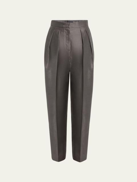 Shantung Silk Pleated Straight-Leg Trousers
