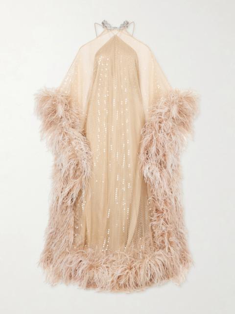Sza Sza Disco Embellished Feather-trimmed Tulle Gown