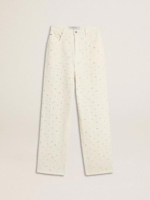 Women's white denim pants with beading and crystals