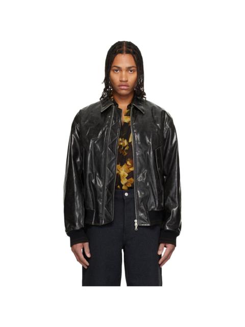 Black Padded Faux-Leather Bomber Jacket