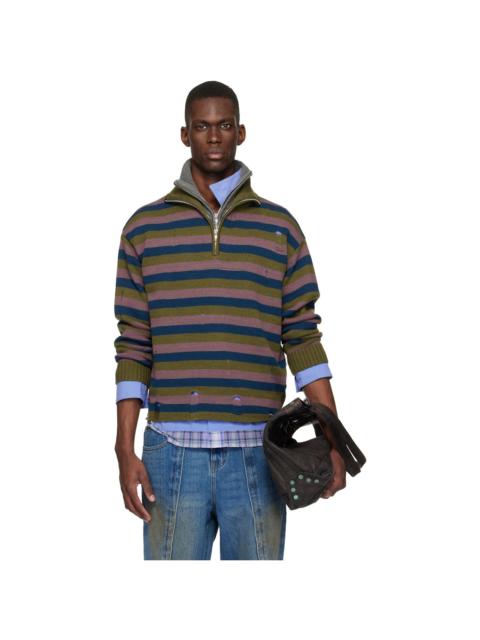 Blue & Gray Double Layered Stripe Half Zip-Up Sweater