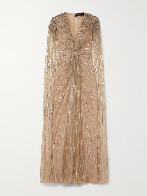 Lotus cape-effect embellished sequined tulle gown Gold