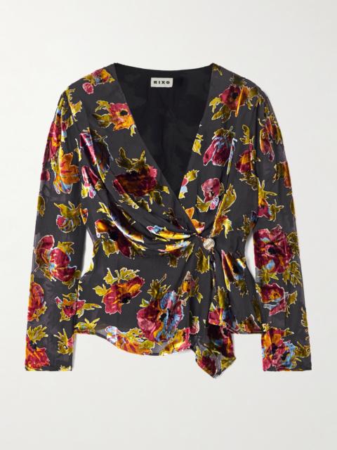 Evelyn Embellished Floral-print Devoré-velvet Wrap Top