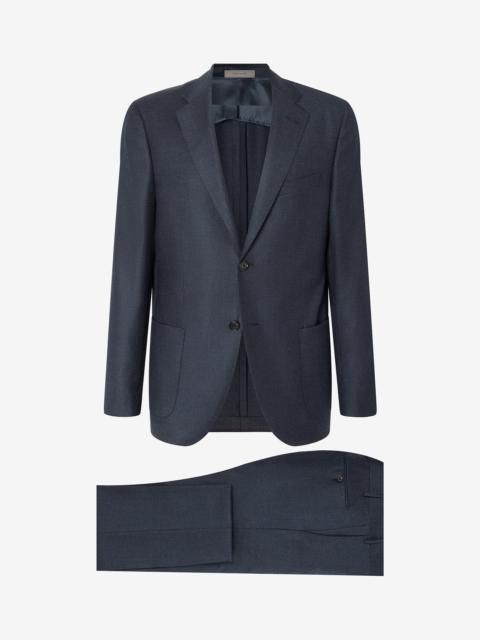 Blue wool flannel and cashmere suit with herringbone pattern