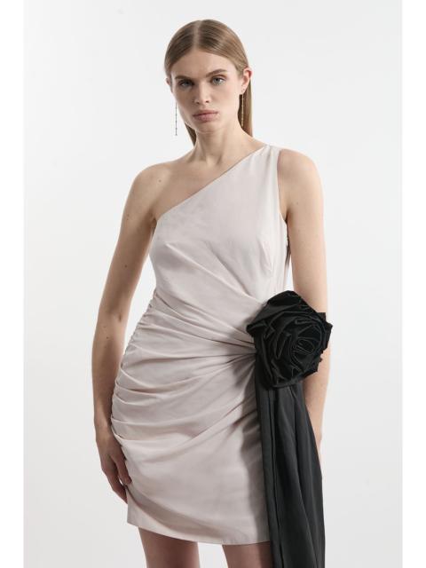 Taffeta Bandeau Tailored Rosette Drape Mini Dress