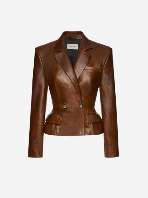 Tailored leather peplum blazer in light brown