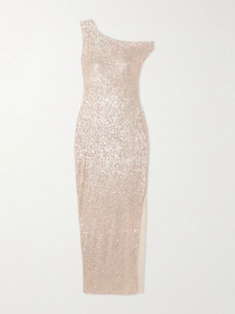 One-shoulder sequined stretch-mesh maxi dress Gold
