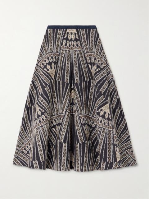 Tasha 2 Calliope Paneled Embroidered Cotton-blend Poplin Midi Skirt
