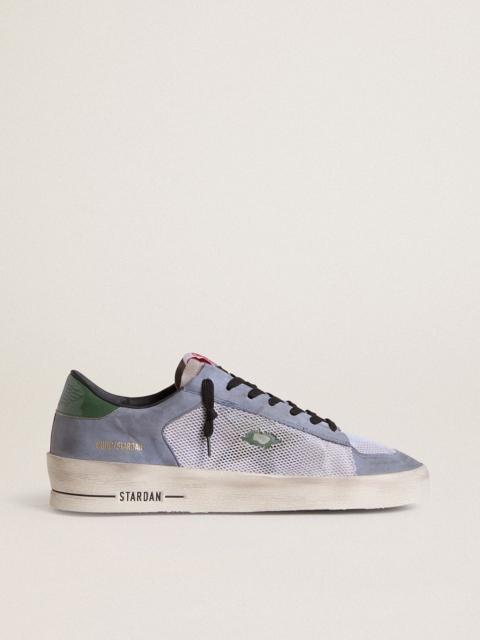 Stardan in powder-blue suede with green leather star and heel tab