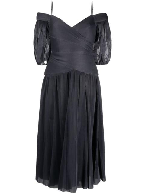off-shoulder pleated midi dress