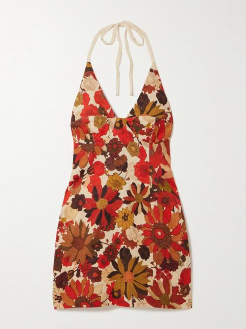 Castella Floral-print Linen Halterneck Mini Dress
