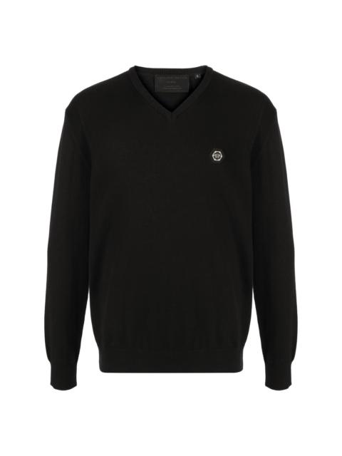 logo-patch V-neck jumper