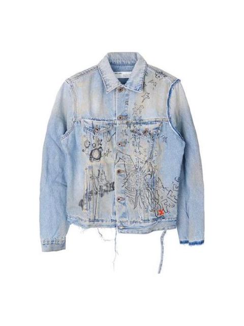 Men's Off-White Graffiti Denim Blue Jacket OMYE049F193860441428