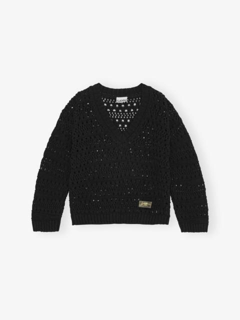 BLACK CROCHET V-NECK SWEATER