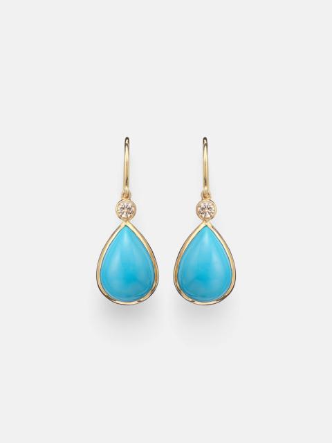 14kt gold (585/1000) drop earrings with turquoises and diamonds