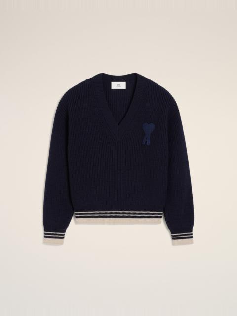 NAVY WOOL RIBBED V NECK SWEATER