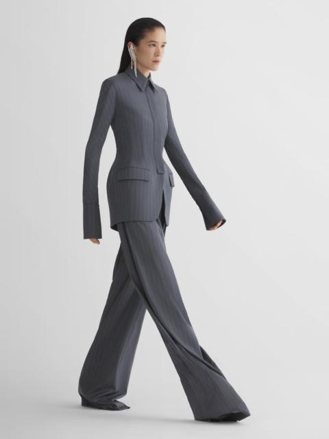 grey pinstripe wide pleated trousers