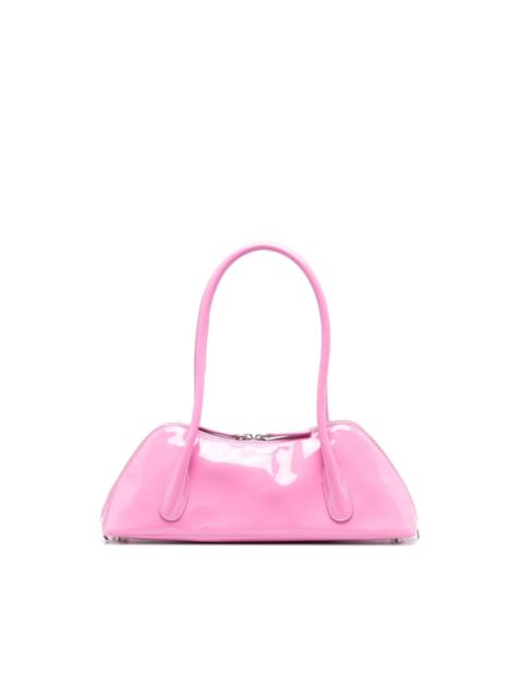 high-shine finish leather tote bag