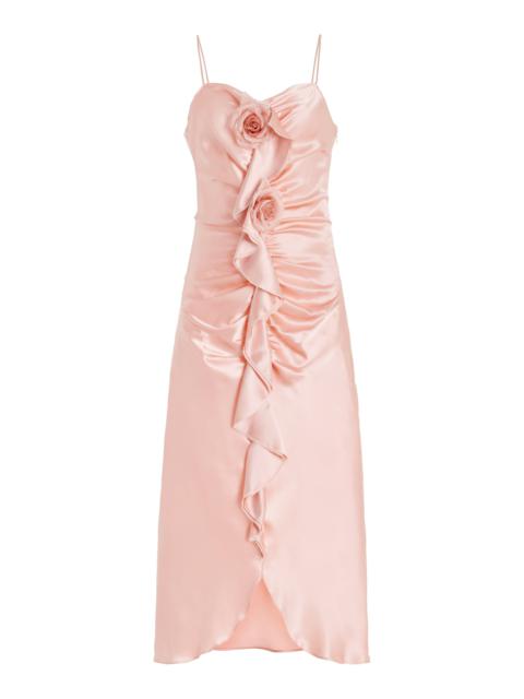 Flower-Detailed Ruched Silk-Satin Dress pink