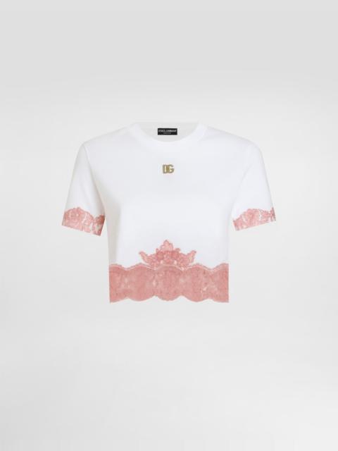 Cropped jersey T-shirt with DG logo and lace inserts