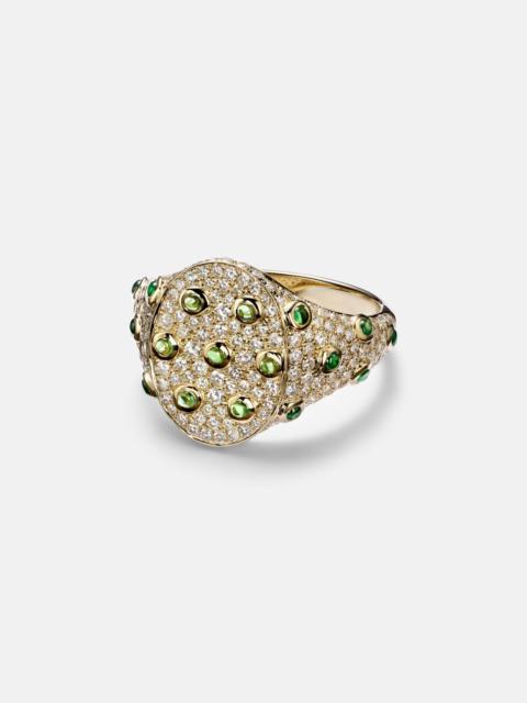 9kt gold ring with grey diamonds and tsavorites