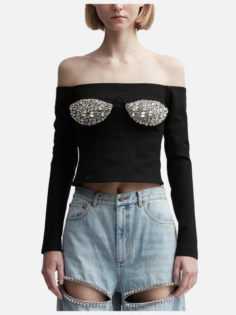 EMBROIDERED CRYSTAL CUP LONG SLEEVE TOP