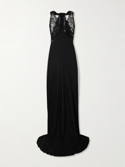 Lace-trimmed silk-charmeuse halterneck gown Black
