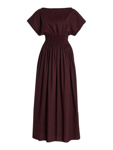 Shirred-Waist Cotton Midi Dress burgundy