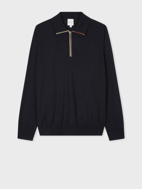 Dark Navy 'Signature Stripe' Zip Trim Long-Sleeve Polo Shirt