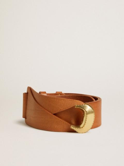 Brown leather belt with semi-circular gold buckle