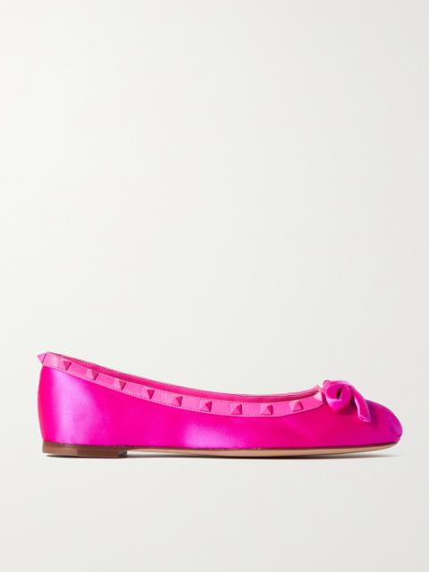 Rockstud Bow-detailed Leather-trimmed Satin Ballet Flats