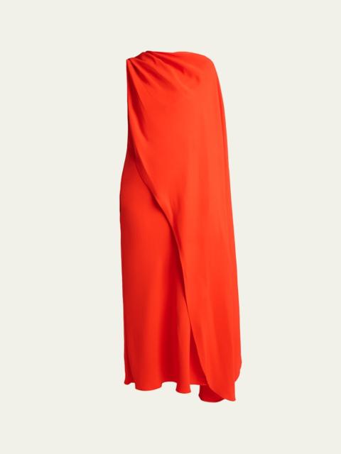 Silk-Wool Draped Cape Midi Dress