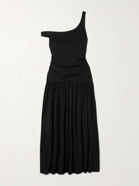 Off-the-shoulder ruched gathered stretch-jersey maxi dress Black