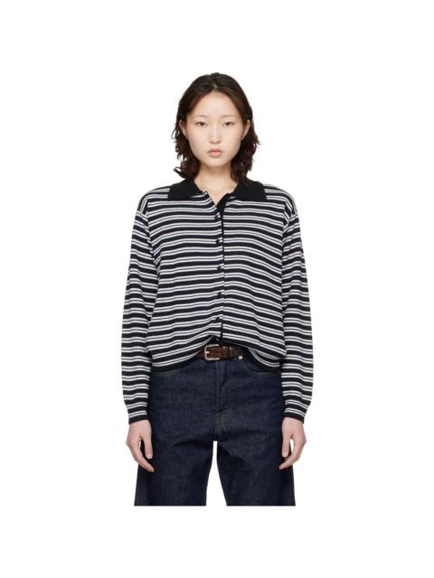 Black & White Merino Wool Striped Polo Cardigan