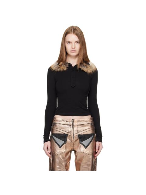 Black Furry Fitted Long Sleeve Polo