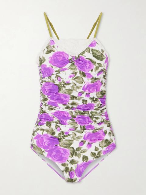 Bow-detailed Ruched Lace-trimmed Floral-print Swimsuit