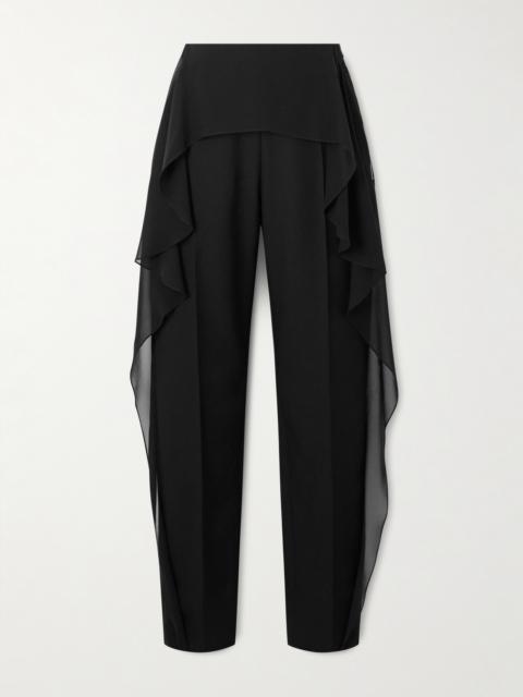 Layered Wool-twill And Ruffled Silk-chiffon Slim-leg Pants