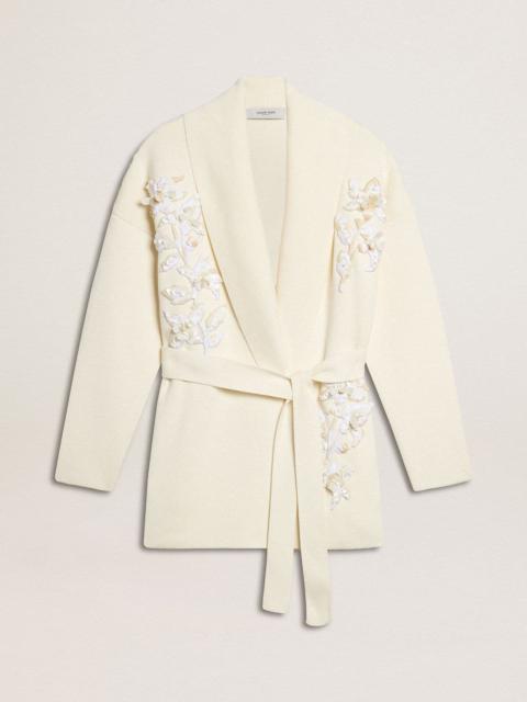 Women's cream-colored cotton cardigan with floral embroidery